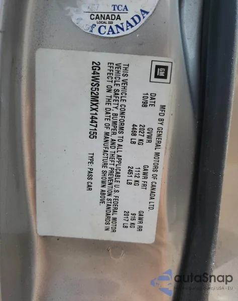 1999 Buick Century Custom из США, поврежденный, VIN 2G4WS52MXX1447155